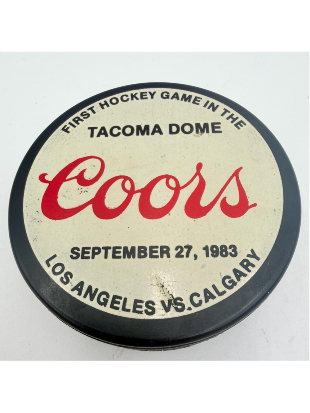 1983 Coors Tacoma Dome First Hockey Game Cooper Puck LA Kings Flames